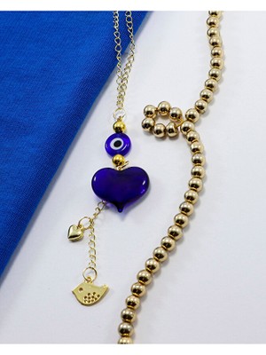 Biuti Lacivert Murano Cam Kalp Nazar Boncuklu Gold Renkli Araba Dikiz Ayna Süsü, Sevgililer Günü