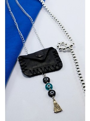 Biuti Hakiki Deri Çıtçıtlı Cevşen Araba Dikiz Ayna Süsü Zümrüt Yeşili ve Siyah Cam Nazar Boncuklu Püsküllü