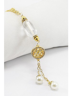 Biuti Gold Zirkon Taşlı Yaşam Çiçekli Şeffaf Boncuk Salkım Incili Dikiz Ayna Süsü, Yeni Araba Hediyesi