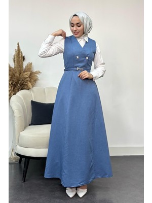 Tesettür Diyarı Kadın  Düğme Detaylı Jile Elbise-Mavi