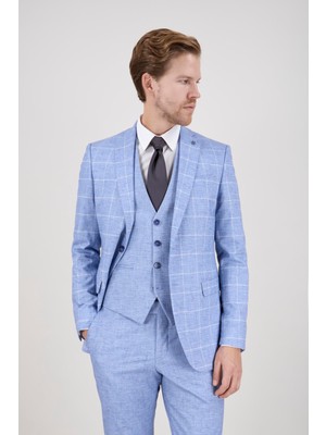 Paco Romano Erkek Slim Fit Mono Yaka Ekose Açık Mavi 8 Drop Kombin Yelekli Takım Elbise