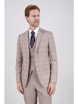 Paco Romano Erkek Slim Fit Mono Yaka Ekose Açık Kahverengi 8 Drop Kombin Yelekli Takım Elbise