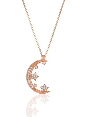 PremiumPort Gümüş Renkli Rose Zirkon Taşlı Ay ve Yıldızlar Şık Kolye