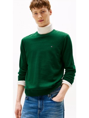 Tommy Hilfiger Erkek Normal Kalıp Yuvarlak Yakalı Pamuklu Uzun Kollu Yeşil Kazak MW0MW39999-MQ8