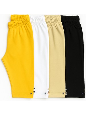 Mini Kanka Kız Çocuk 4’lü Tayt Seti – Sarı, Beyaz, Bej & Siyah, Boncuk Detaylı, Diz Altı Boy