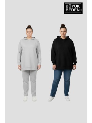 Superlife Kadın Büyük Beden 2 'li Set Kapşonlu Tunik Ince Sweatshırt  SPR26BTK991+2