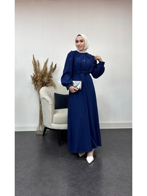 Tesettür Diyarı Kadın Bebe Yaka Düğme Detaylı Elbise- Lacivert