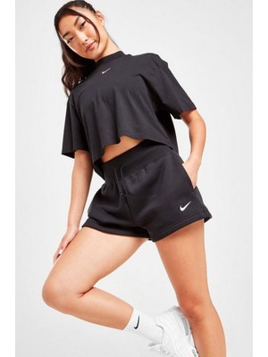 Nike Siyah Kadın Spor Şort Yüksek Belli Rahat Kalıp Cepli Fleece Tasarım