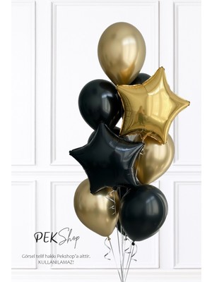 Pekshop Siyah Gold Yıldız Folyo Balonlu Balon Demeti SET234