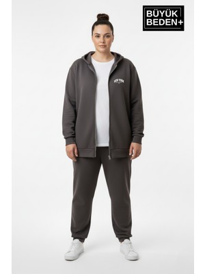 Superlife Kadın Büyük Beden Fermuarlı Kapüşonlu New York Baskılı Ince Sweatshirt Hırka SPR26BHR923