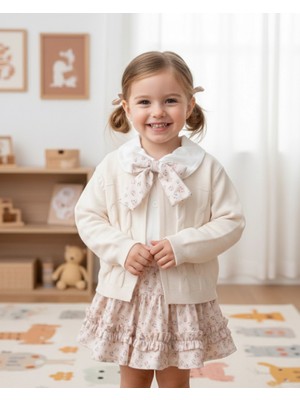 Idil Kız Çocuk Çiçek Desenli Etekli Takım - Fiyonk Fular Detaylı Gömlek ve Örgü Hırka 3'lü Set