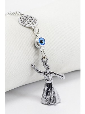 Biuti Gümüş Renkli Yaşam Çiçekli Çerçeveli Nazar Boncuklu Semazenli Dikiz Ayna Süsü