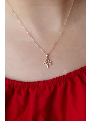 PremiumPort Minimal Ağaç Gümüş Kolye, 925 Ayar Zirkon Taşlı Rose Pembe Tasarım