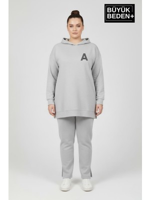 Superlife Büyük Beden Kapşonlu A Baskılı Tunik Ince Sweatshırt  SPR26BTK991-3