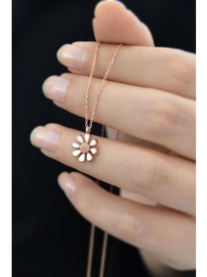 PremiumPort 925 Ayar Gümüş Rose Kaplama Mineli Papatya Kolye