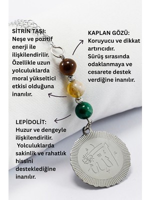 Biuti Doğal Taşlı Çelik Allah Lafzı Araba Dikiz Ayna Süsü, Kaplan Gözü, Sitrin Taşı, Lepidolit 8mm