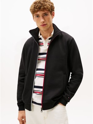 Tommy Hilfiger Erkek Regular Fit Marka Şerit Çizgi Fermuarlı Dik Yaka Siyah Sweatshirt MW0MW40481-BDS