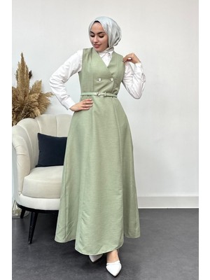 Tesettür Diyarı Kadın  Düğme Detaylı Jile Elbise-Mint Yeşili