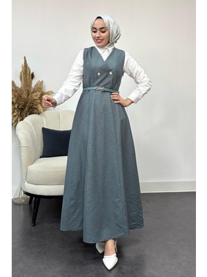 Tesettür Diyarı Kadın  Düğme Detaylı Jile Elbise-Turkuaz