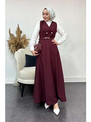 Tesettür Diyarı Kadın  Düğme Detaylı Jile Elbise-Bordo