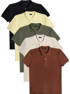 Tudors Erkek 5'li Paket Siyah-Sarı-Haki-Ekru-Kahverengi Slim Fit Pamuklu Düz Pike Polo Yaka Tişört