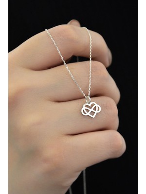 PremiumPort 925 Ayar Gümüş Sonsuzluk ve Kalp Kolye, Rodyum Kaplama, Şık Takı