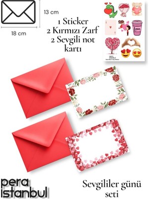 Pera İstanbul 2 Adet Kırmızı 13X18 Zarf 2 Adet Hediyelik Not Kartı 1 Adet Sticker Set Sevgililer Günü Yıl Dönümü