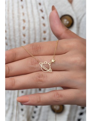 PremiumPort Orta Boy Gezegen Kolye, 14 Ayar Altın Kaplama ve 925 Ayar Gümüş Tasarım