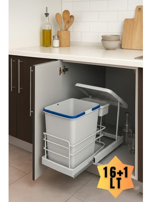 ALMITAL Cassone 16+1 Litre Dolap Içi Raylı Teleskopik Gri Çöp Kovası, Minimum Kapak Genişliği 40 cm
