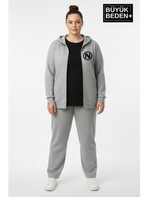 Superlife Kadın Büyük Beden Kapüşonlu Fermuarlı N Baskılı Ince Sweatshirt Hırka SPR26BHRK922