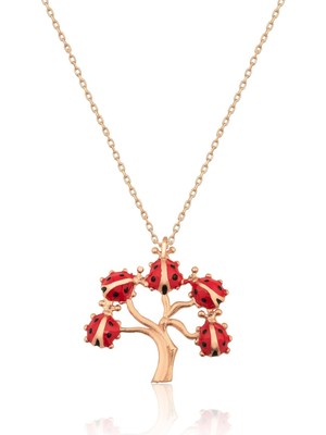 PremiumPort Uğur Böceği ve Hayat Ağacı Tasarımlı Rose Gold Kaplama Gümüş Kolye