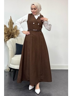 Tesettür Diyarı Kadın  Düğme Detaylı Jile Elbise-Kahverengi