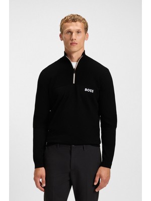 Boss Erkek Normal Kalıp Su Tutmayan Pamuk Karışımlı Yarım Fermuarlı Siyah Kazak 50541953-001