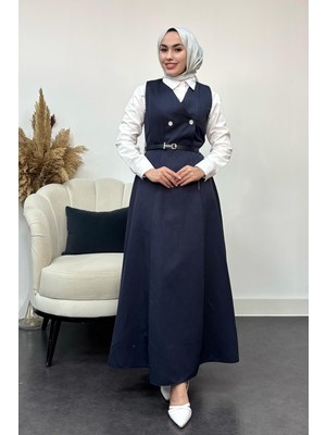Tesettür Diyarı Kadın  Düğme Detaylı Jile Elbise-Lacivert