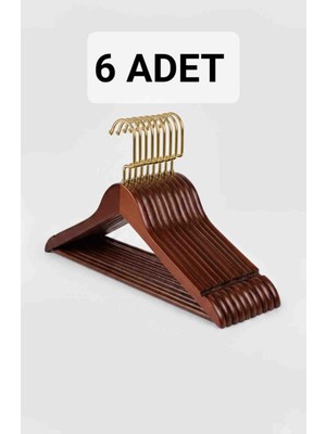 6 Adet Ceviz Ahşap Gold Kancalı Elbise Askı