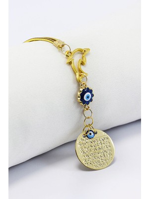 Biuti Gold Renkli Metal Yunus Balığı Mineli Nazar Boncuklu Metal Ayet'el Kürsi Araba Dikiz Ayna Süsü