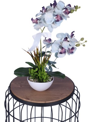 Yapay Çiçek Sitesi Dekoratif Melamin Saksıda Bol Yeşillikli Orkide Tanzimi Beyaz