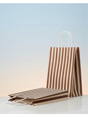 e ERTA Kahverengi ve Krem Çizgili Kraft Çanta 25X31CM 25 Adet Hediye Poşeti,hediye Paketi Kraft Kağıt Çanta