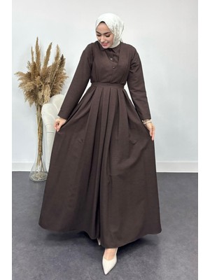 Tesettür Diyarı Içi Gömlekli Pileli Jile Elbise-Kahverengi