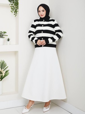 Moda Çizgili Düğmeli Triko Hırka Kadın | Tesettüre Uygun | Mevsimlik Şık Kazak