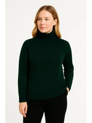 Stelol Balıkcı Yaka Bağazlı Triko Kazak Pamuklu Kalın Fitilli Dokuma - Haki