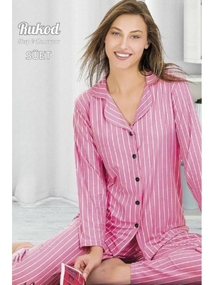 Rukod Kadın Uzun Kollu Gömlek Yaka Düğmeli Süet Pembe Beyaz Desenli Alt Üst Pijama Takımı