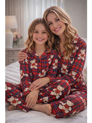 Rukod Anne Çocuk Kırmızı Ayı Desenli Süet Gömlek Yaka Düğmeli Uzun Altlı Pijama Takımı