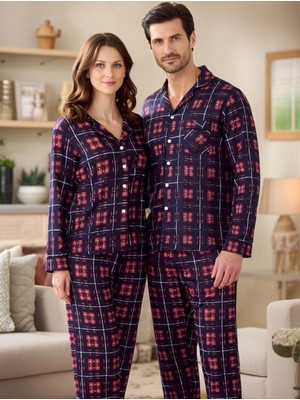 Rukod Kadın Kırmızı Siyah Ekose Desenli Süet Gömlek Yaka Düğmeli Uzun Altlı Pijama Takımı