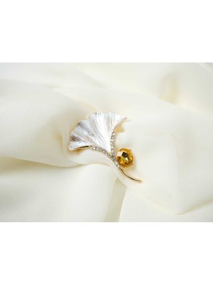 Atelier Tuğba BRŞ011 Zirkon Taşlı Ginkgo Yaprağı Figürlü Gold Kağlama Kadın Broş