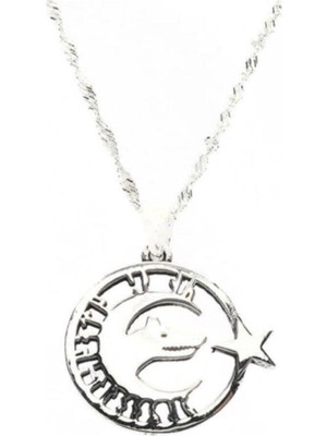 PremiumPort Gümüş Bayan Kolye, Ayyıldız ve Bozkurt Desenli, Göktürkçe Yazılı