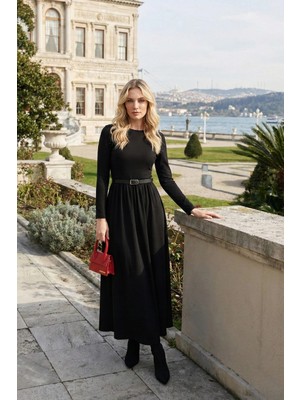 Pastelastore Kemerli Bisiklet Yaka Uzun Elbise