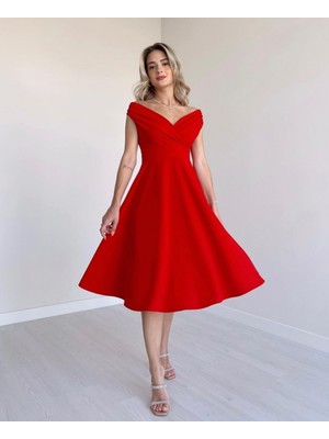 Stelol Kadın Kısa Kollu Kruvaze Yaka Eteği Volanlı Krep Elbise