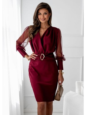 Stelol Kadın Uzun Kollu Kruvaze Yakalı Belden Kemerli Mini Ithal Krep Elbise