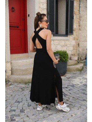 Stelol Kadın Arkadan Çapraz Detay Yuvarlak Yaka Maksi Viskon Elbise